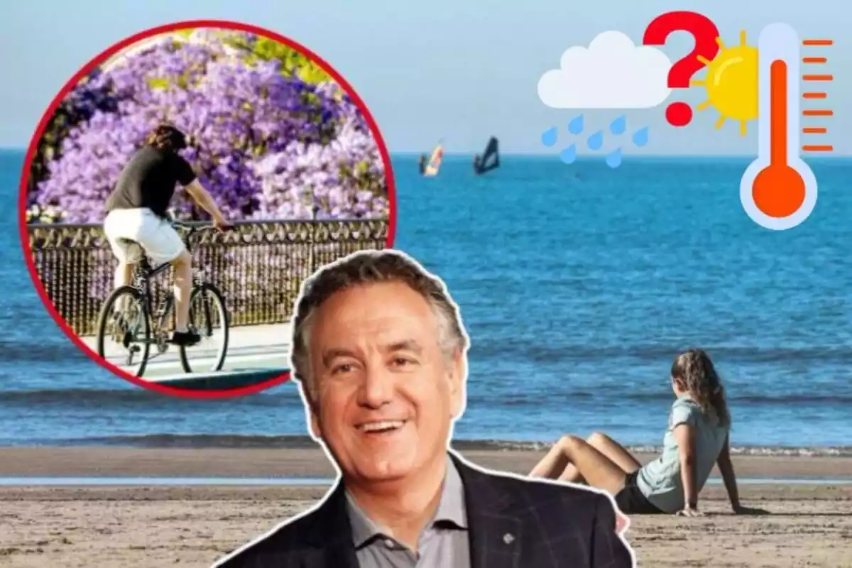 Imagen de fondo de una playa con una chica sentada en la arena, junto a otra imagen de una persona en bici con un fondo de flores lilas, un primer plano de Roberto Brasero y unos emoticonos de sol y lluvia
