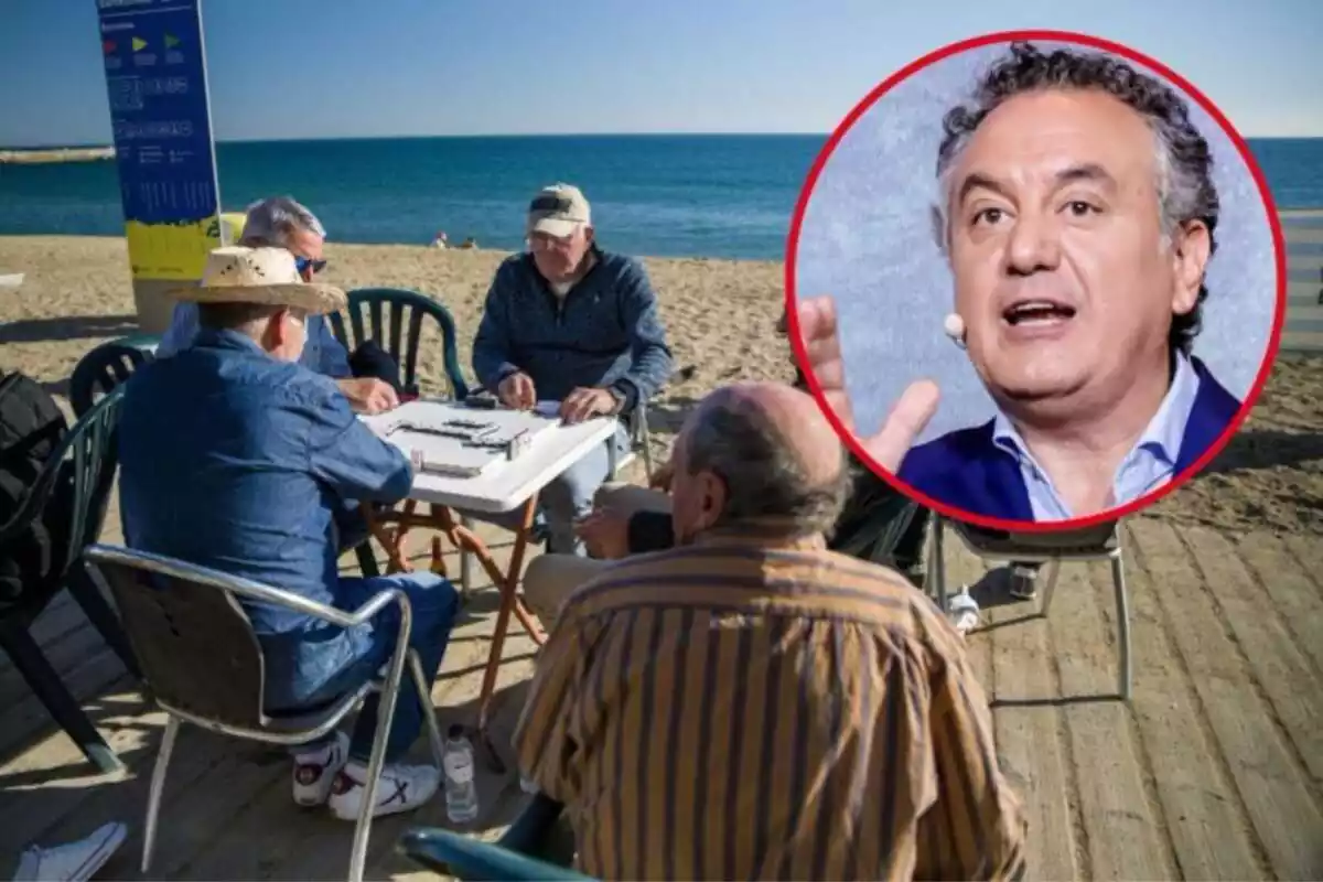 Imagen de fondo de varios señores mayores jugando al dominó en la playa de la Barceloneta abrigados