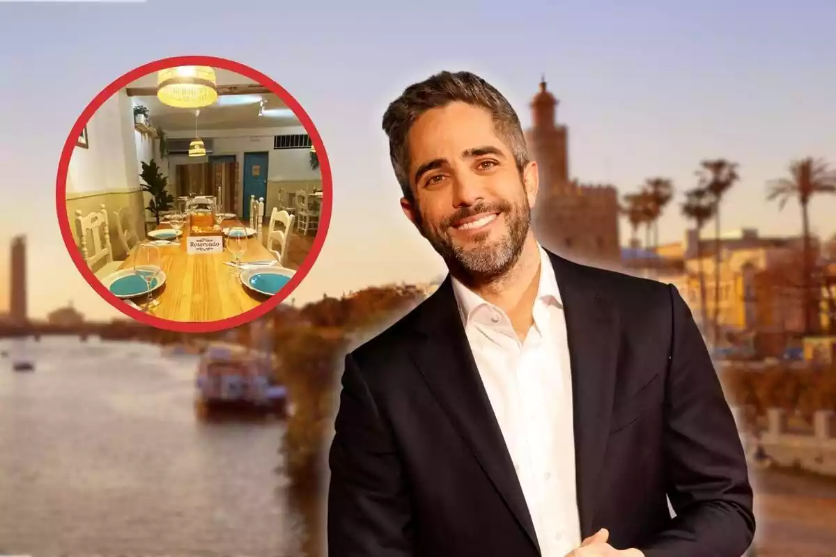 Roberto Leal sobre un fondo de Sevilla y a su izquierda un círculo con una mesa de restaurante
