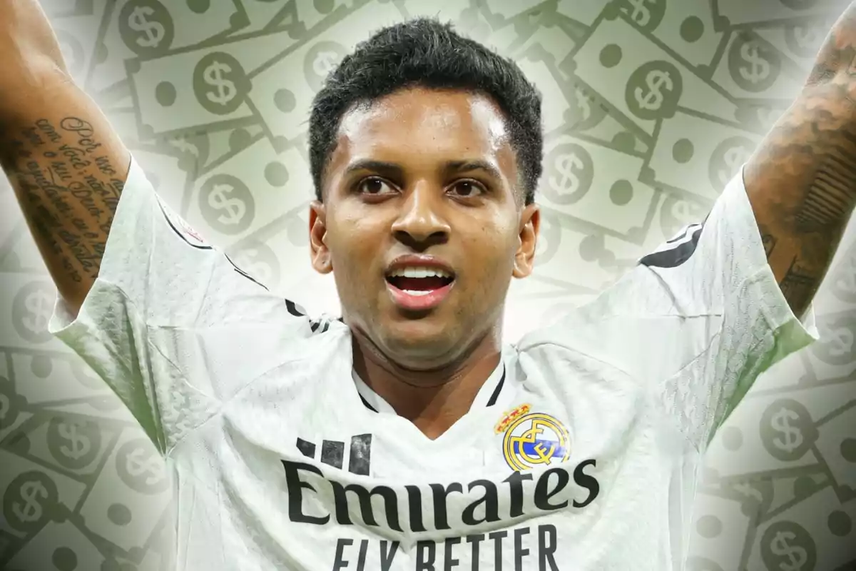 Futbolista del Real Madrid celebrando con los brazos en alto y fondo de billetes con símbolos de dólar