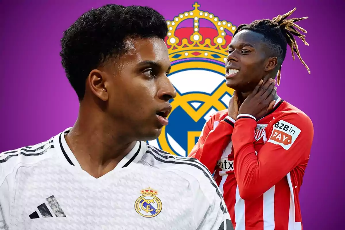 Dos futbolistas en primer plano con el escudo del Real Madrid de fondo sobre un fondo morado