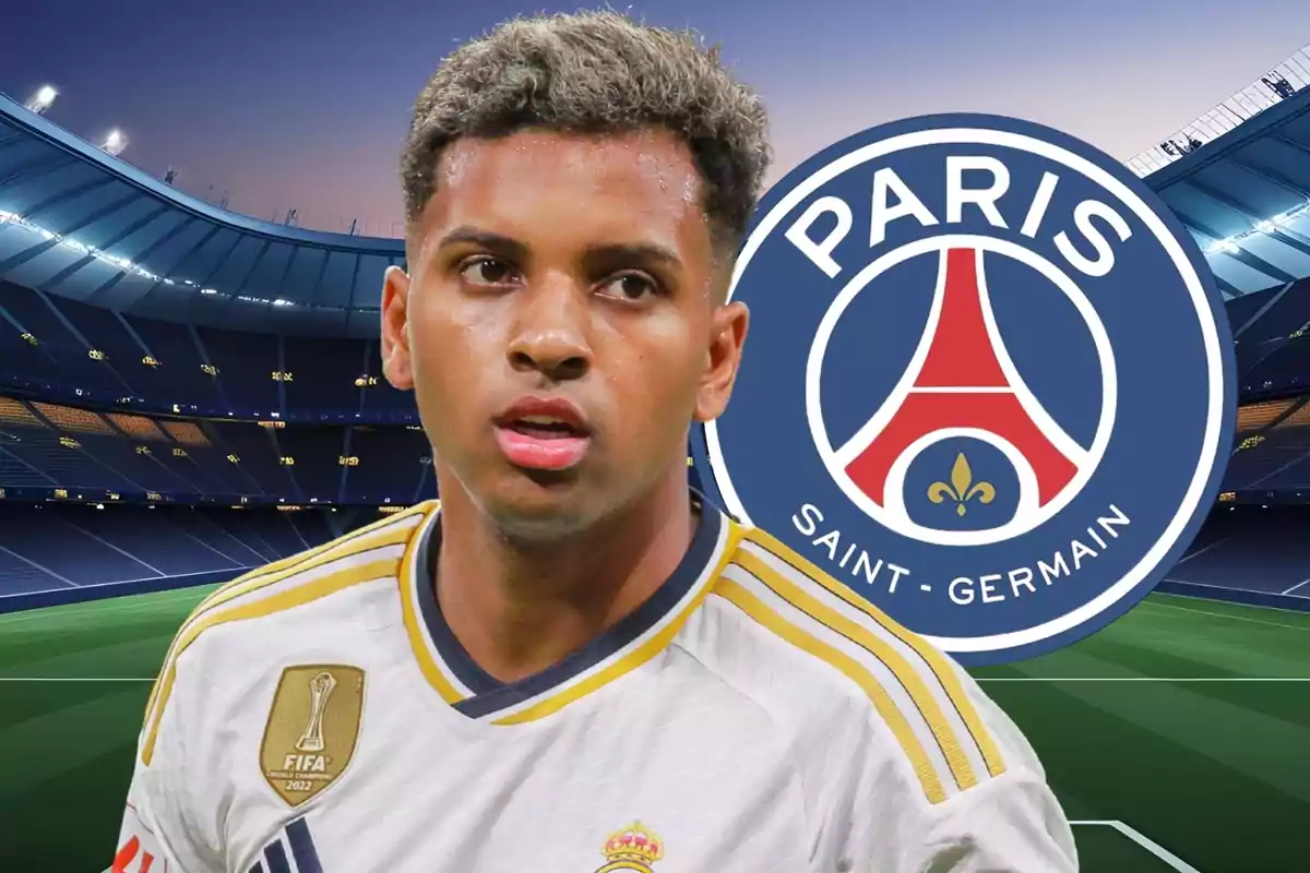Un jugador de fútbol con uniforme blanco y detalles dorados aparece en un estadio, con el logo del Paris Saint-Germain al fondo.