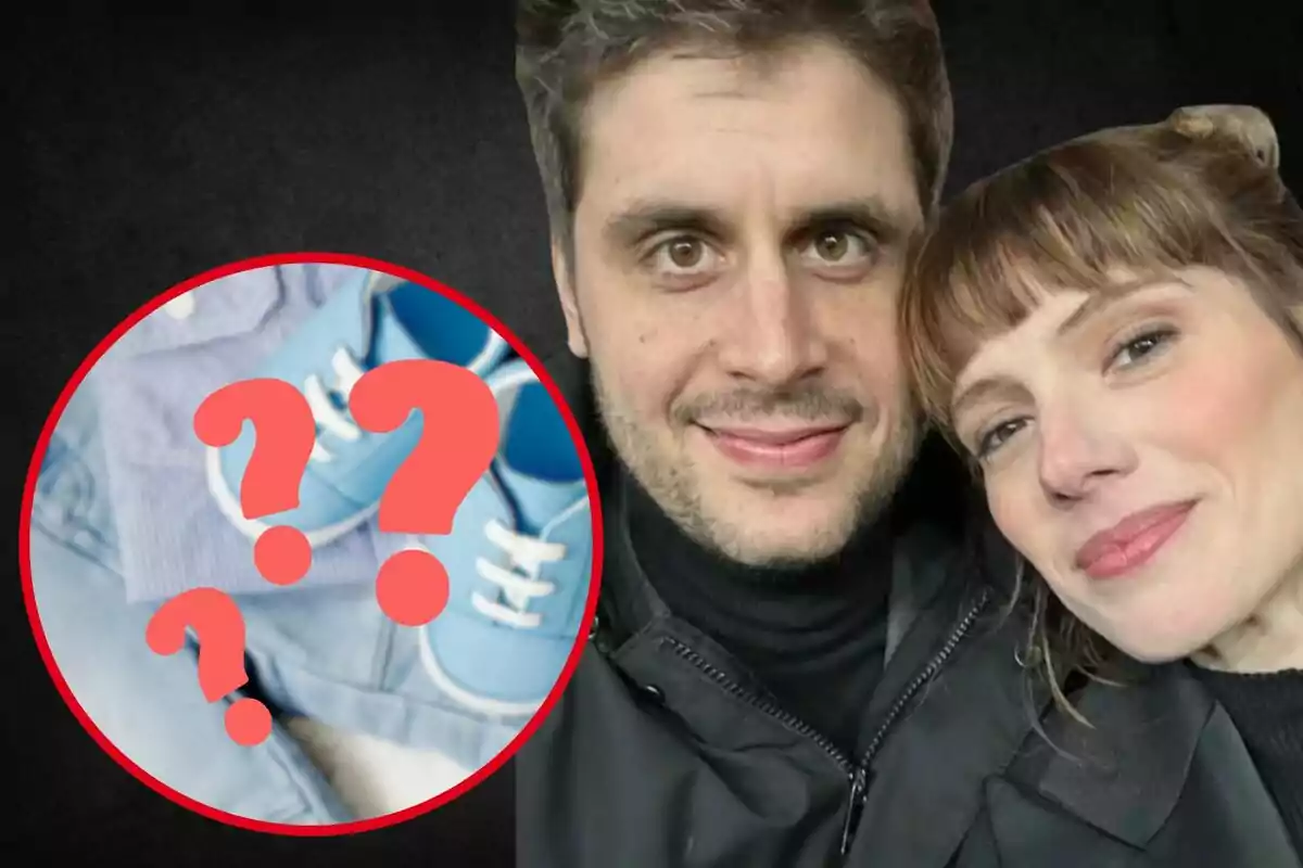 Una pareja sonriente con un círculo rojo que contiene signos de interrogación y unos zapatos de bebé azules.