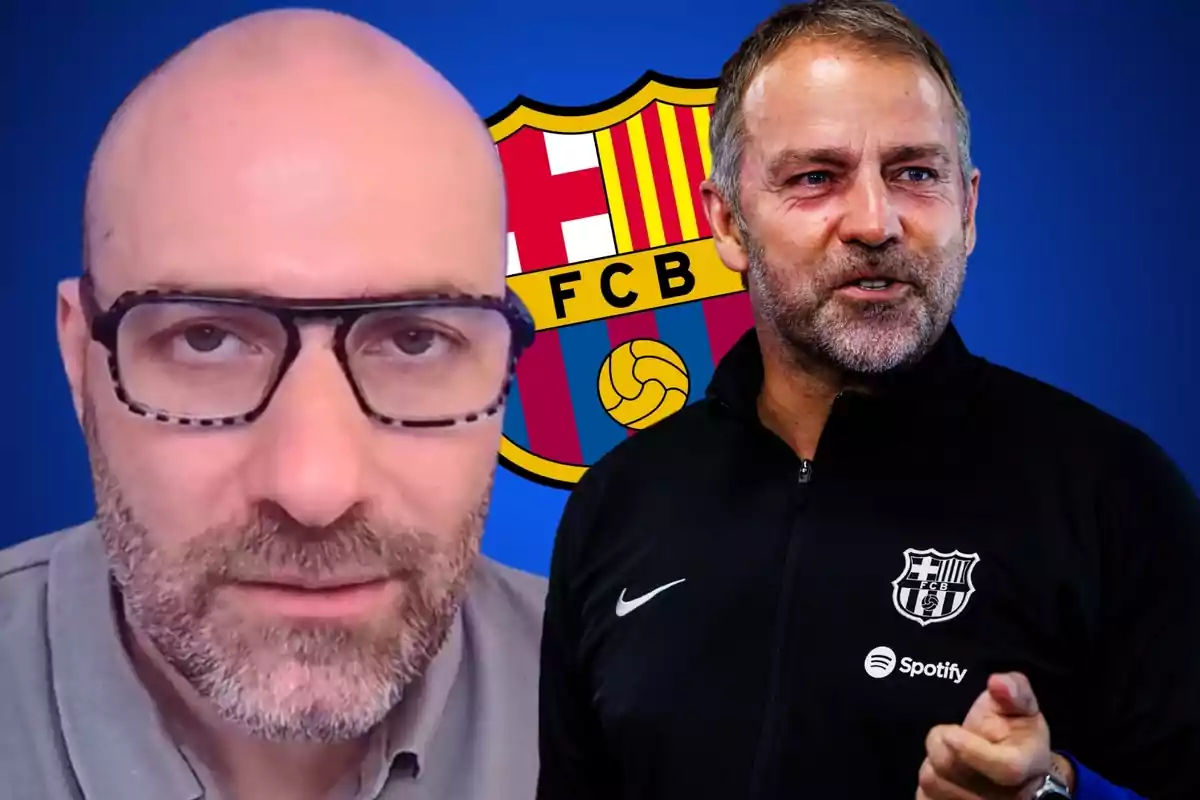 Dos hombres frente al escudo del FC Barcelona.