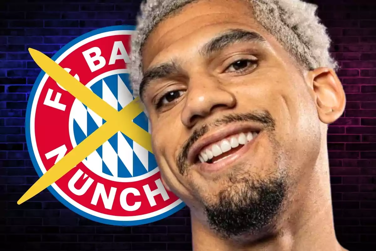 Un hombre sonriente con cabello rizado y barba frente a un logotipo del FC Bayern Munich tachado con una cruz amarilla.