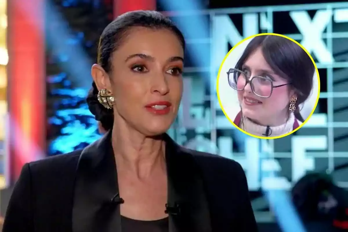 Blanca Romeo con cabello recogido y aretes dorados está hablando en Next Level Chef; en la esquina superior derecha hay un recuadro con la imagen de Roro Bueno con gafas grandes y cabello oscuro.