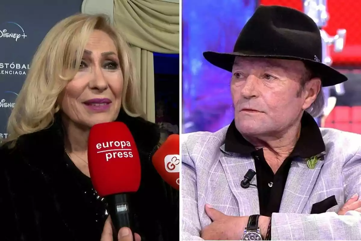 Rosa Benito con un micrófono de "europa press" y Amador Mohedano con sombrero negro y chaqueta gris.