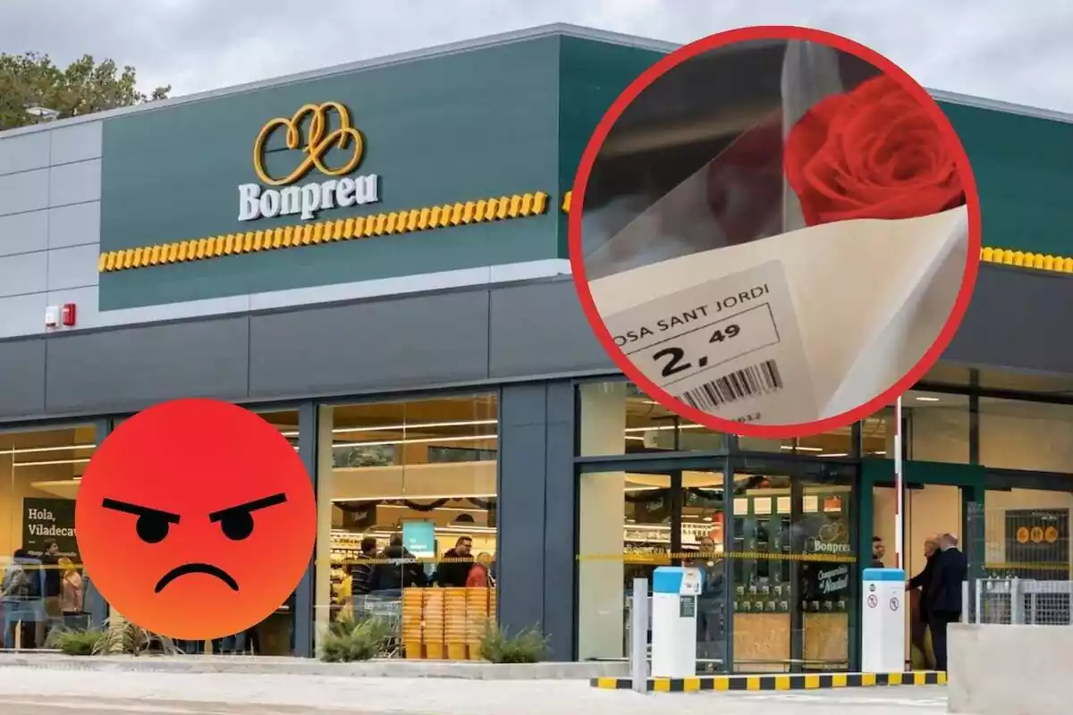 Supermercado bonpreu y un círculo con el precio de una rosa y un emoji enfadado