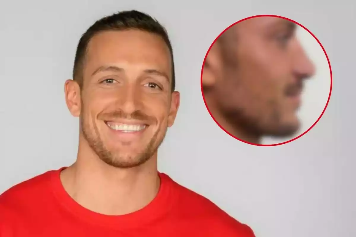 Rubén Torres sonriendo con camiseta roja y un círculo resaltando su perfil en la esquina superior derecha.