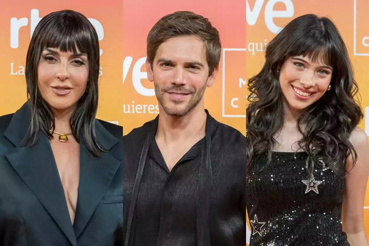 Montaje de Ruth Lorenzo, Marc Clotet y Melani posando en un evento con fondo naranja como presentadores de Eurovisión Junior.