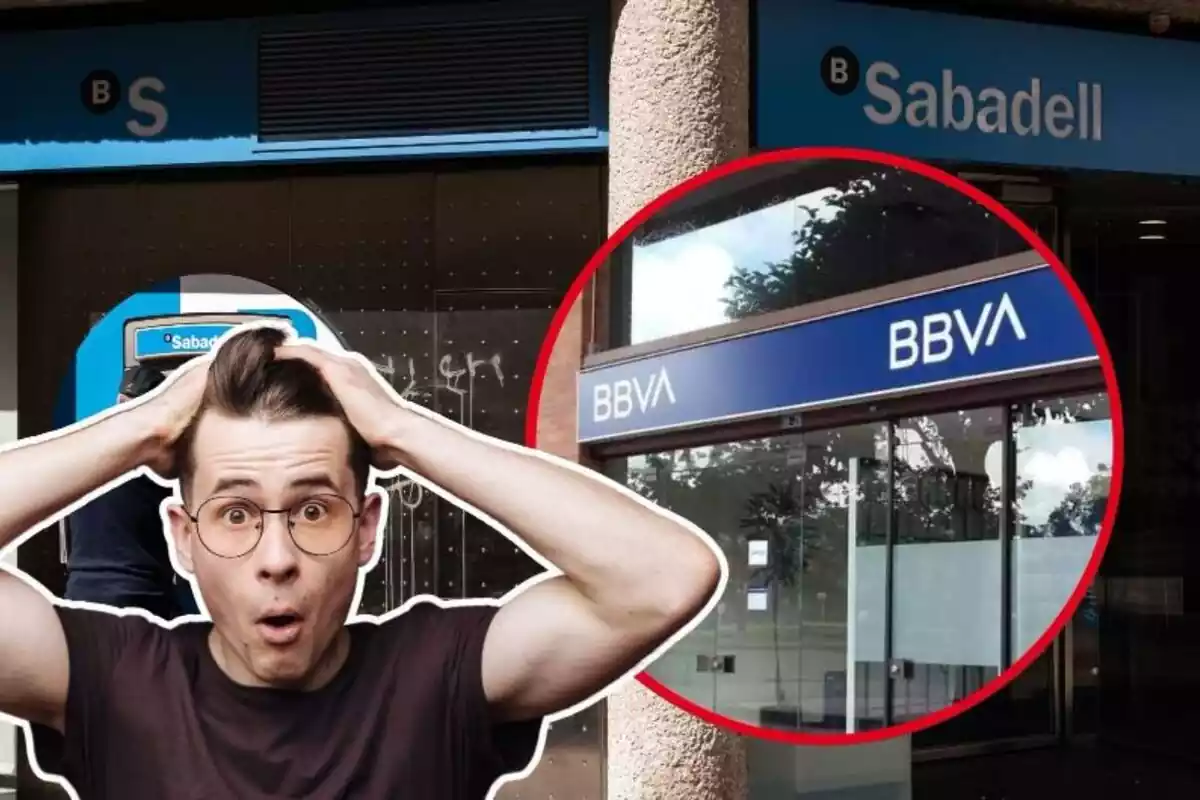 Imagen de fondo de un banco Sabadell, junto a otra de una oficina del BBVA y otra de un hombre con gesto de sorpresa