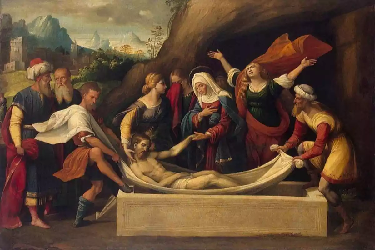 Imagen de la Virgen María a color enterrando a Jesús