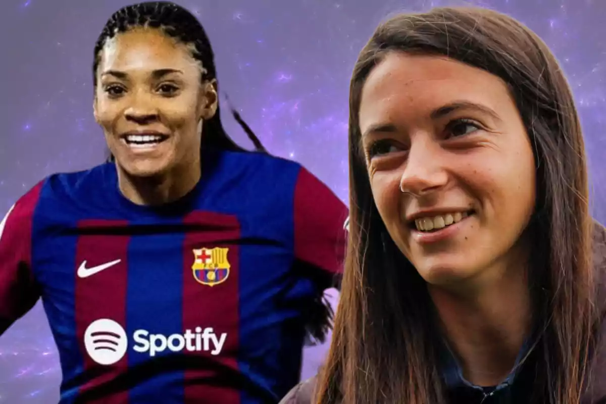 Dos mujeres sonrientes, una con camiseta del FC Barcelona y otra con cabello suelto, sobre un fondo estrellado.