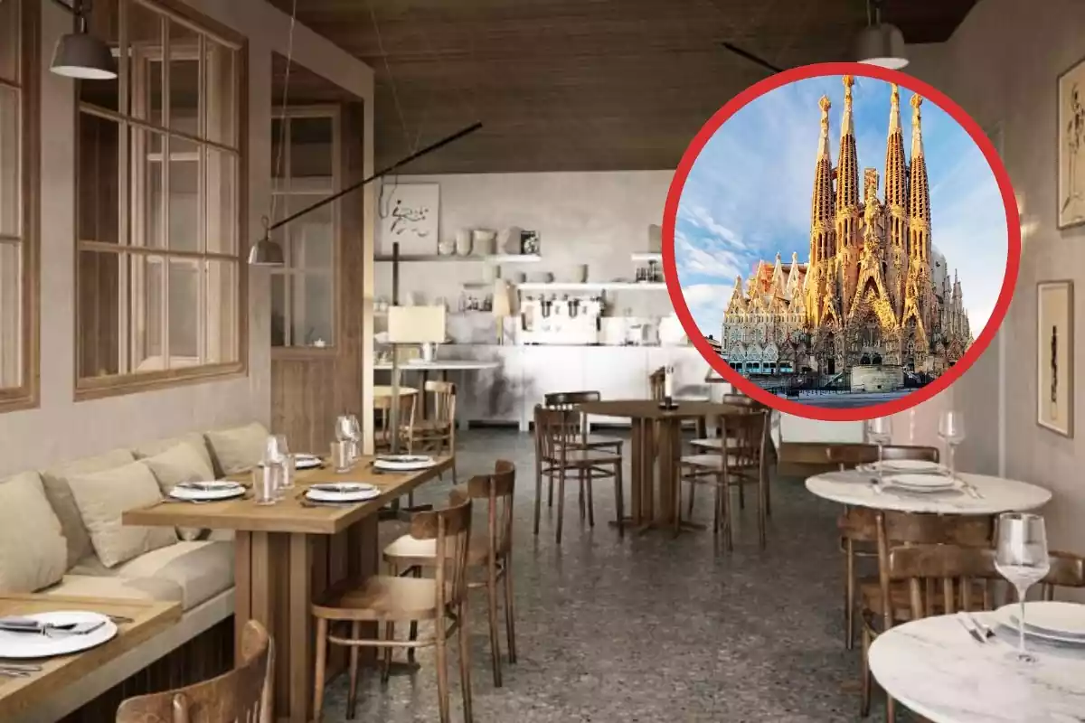 Un salón con mesas puestas y colores marrones y un círculo con una sagrada familia