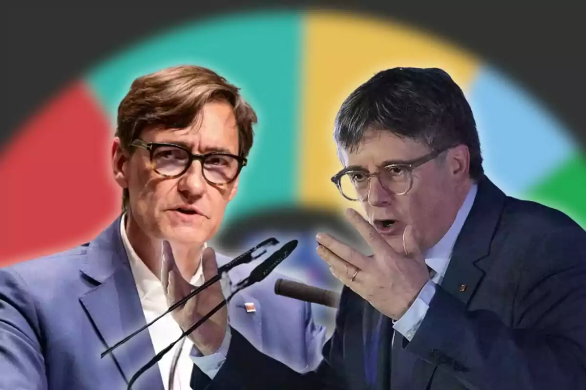 Dos hombres con gafas y traje discuten frente a un fondo desenfocado con colores llamativos en forma de gráfico circular.