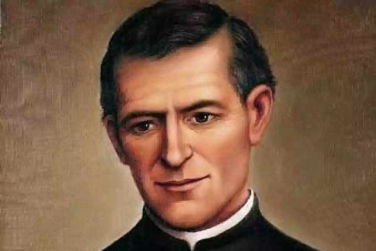 Retrato de un hombre con cabello oscuro y vestimenta clerical sobre un fondo neutro.
