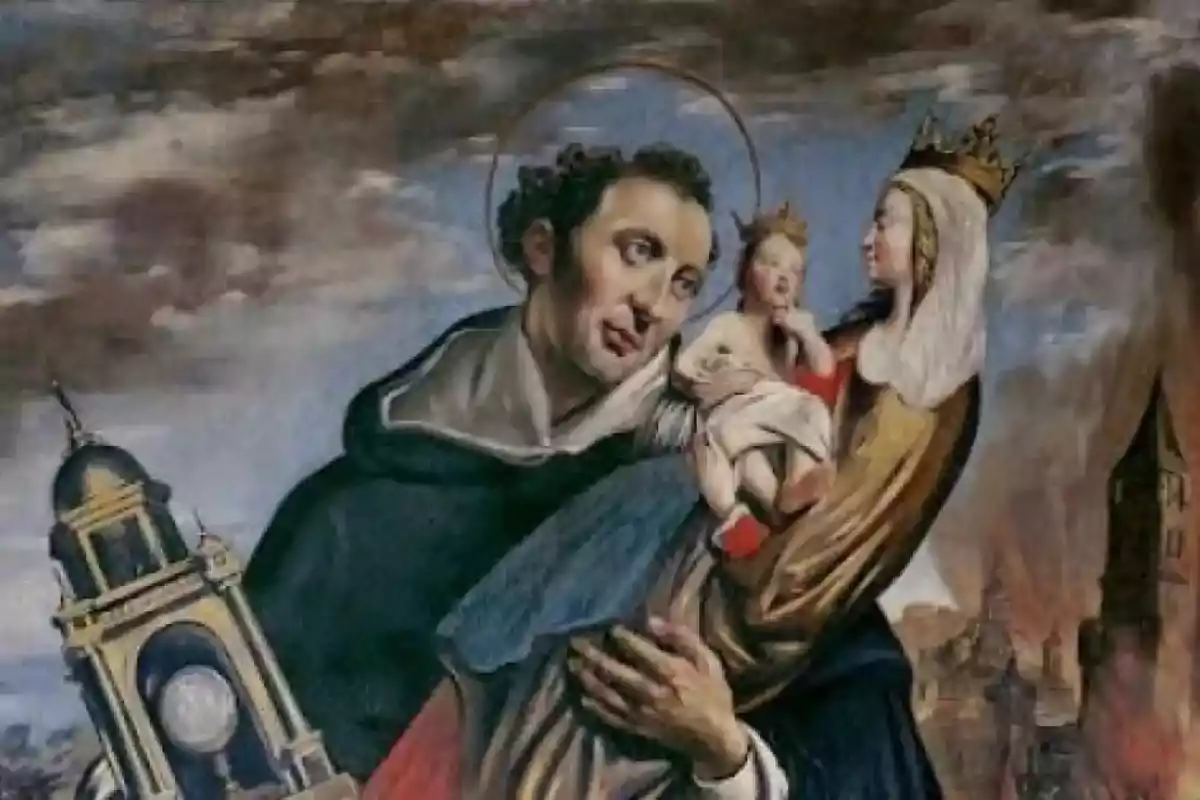 Pintura religiosa que muestra a un santo con un halo, sosteniendo una iglesia en miniatura, junto a una figura femenina coronada que sostiene a un niño.