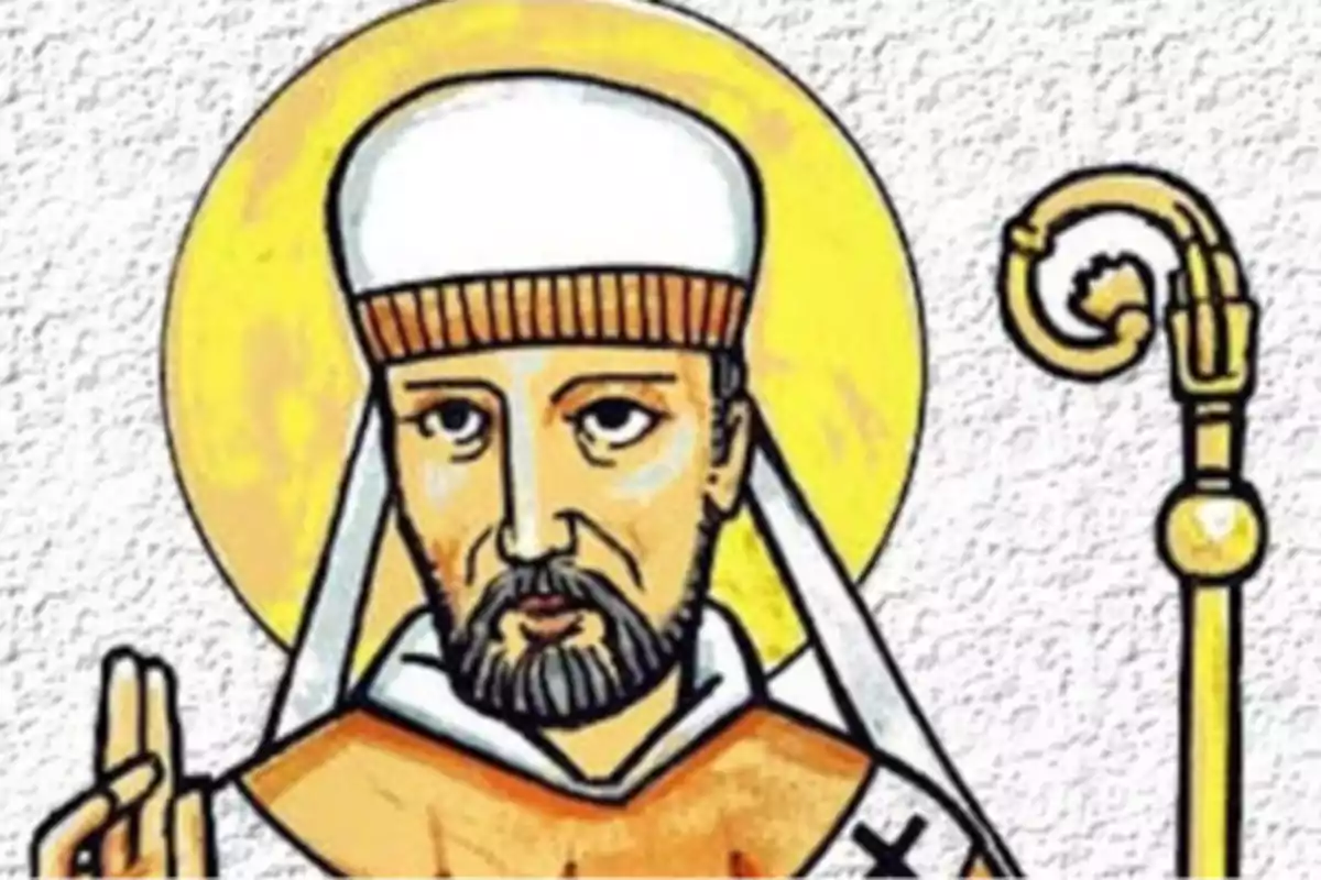 Ilustración de un santo con halo dorado, vestimenta religiosa y báculo pastoral. Ilustración de un santo con halo dorado, vestimenta religiosa y báculo pastoral.