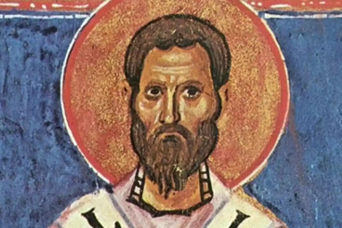 Retrato de un hombre con barba y halo en un estilo de icono religioso sobre un fondo azul. Retrato de un hombre con barba y halo en un estilo de icono religioso sobre un fondo azul.