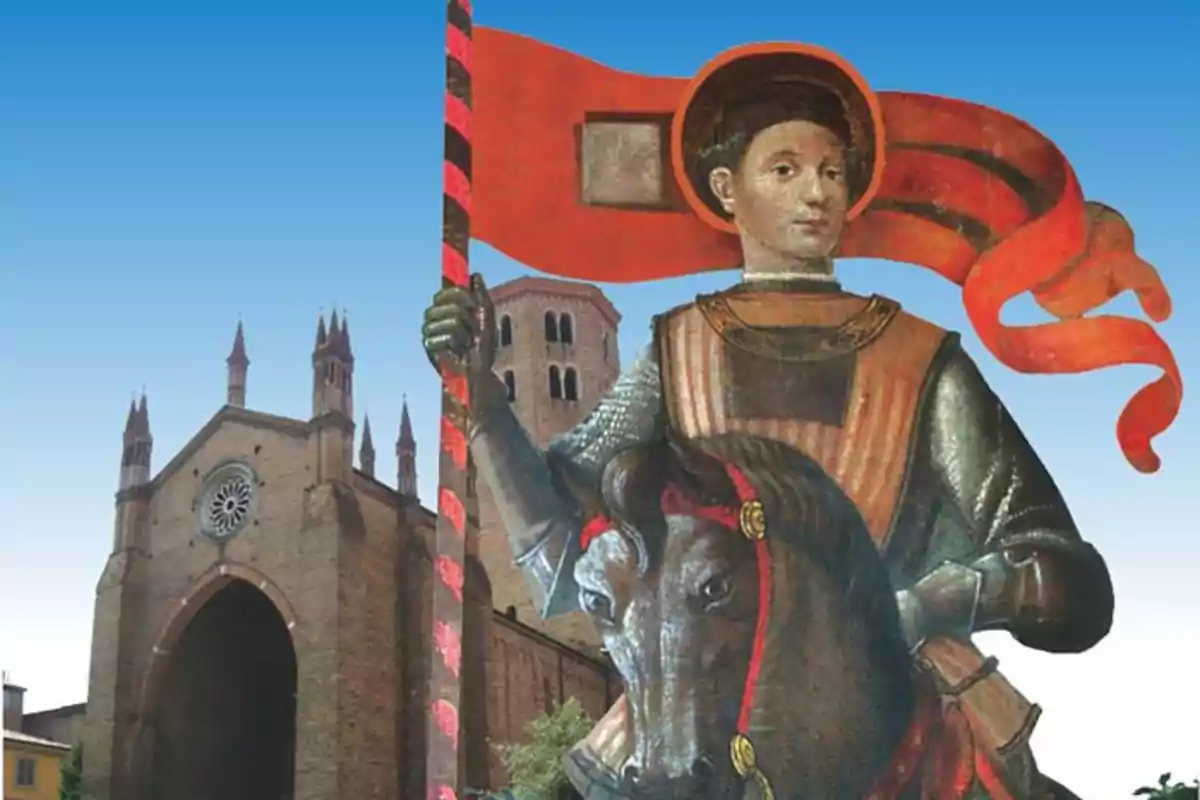 Una pintura de un caballero medieval montado en un caballo negro, sosteniendo una bandera roja con rayas negras, con una iglesia de estilo gótico al fondo bajo un cielo azul. Una pintura de un caballero medieval montado en un caballo negro, sosteniendo una bandera roja con rayas negras, con una iglesia de estilo gótico al fondo bajo un cielo azul.