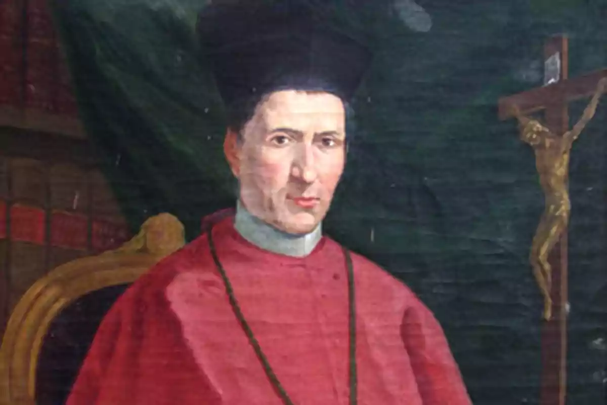 Retrato de un hombre con vestimenta eclesiástica de color rojo sentado frente a un fondo oscuro con una cruz y libros al fondo Retrato de un hombre con vestimenta eclesiástica de color rojo sentado frente a un fondo oscuro con una cruz y libros al fondo