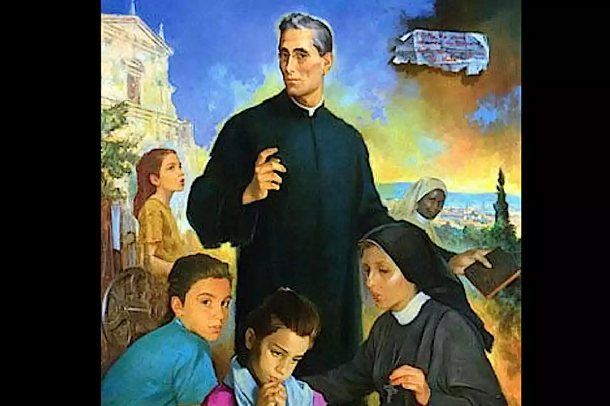 Un sacerdote rodeado de niños y monjas en un entorno pastoral con un cielo colorido al fondo. Un sacerdote rodeado de niños y monjas en un entorno pastoral con un cielo colorido al fondo.