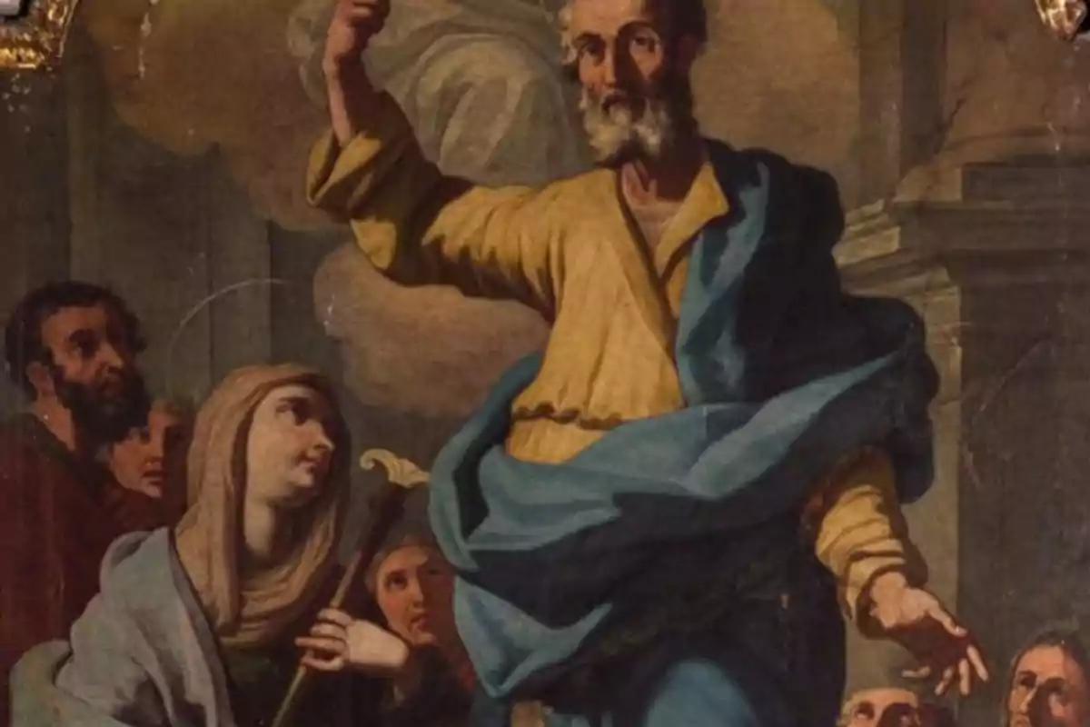 Pintura religiosa que muestra a un hombre mayor con barba levantando un brazo mientras varias personas lo observan atentamente.