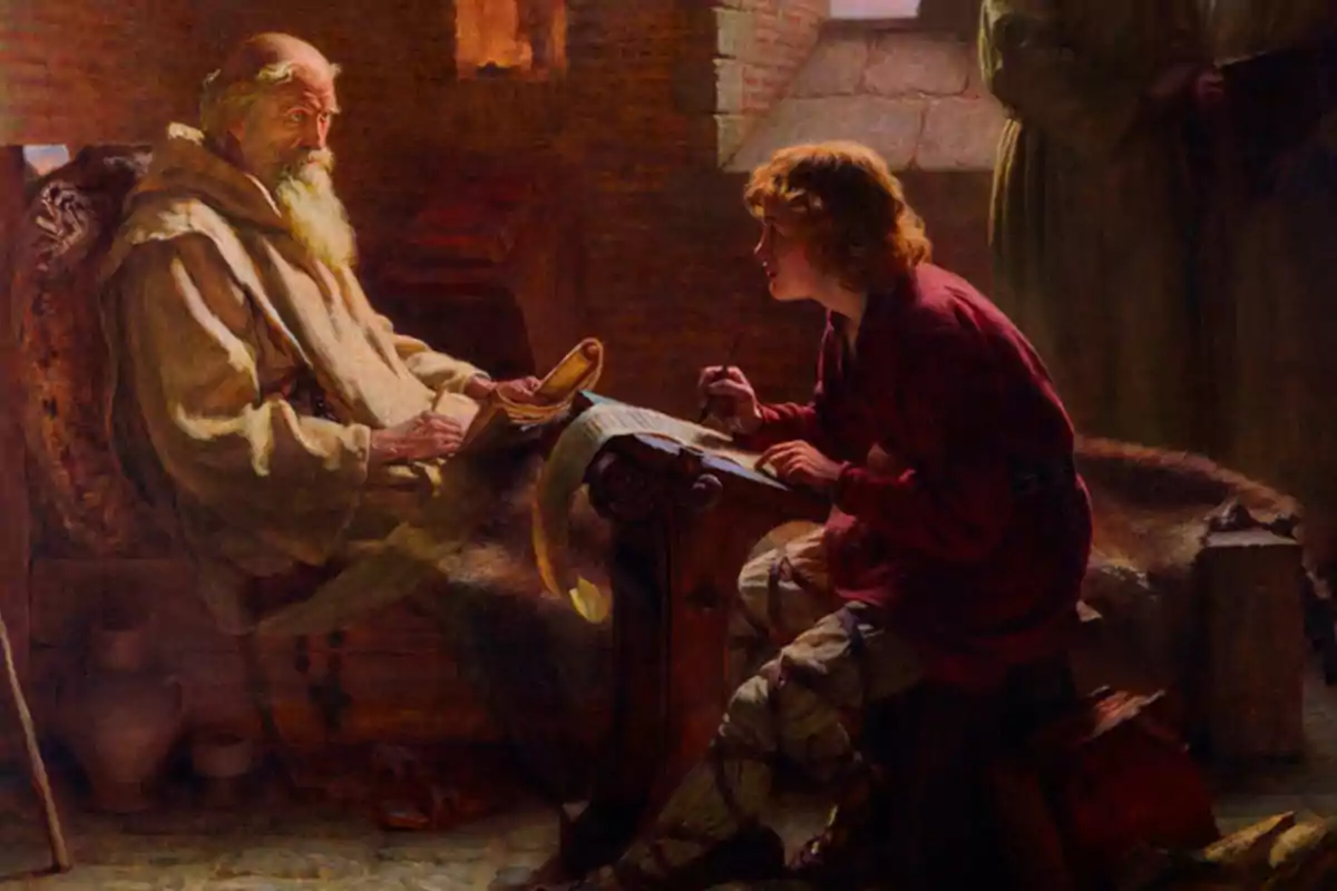Un anciano con túnica sostiene un libro mientras un joven escribe en un pergamino en un entorno medieval iluminado por la luz que entra por una ventana.