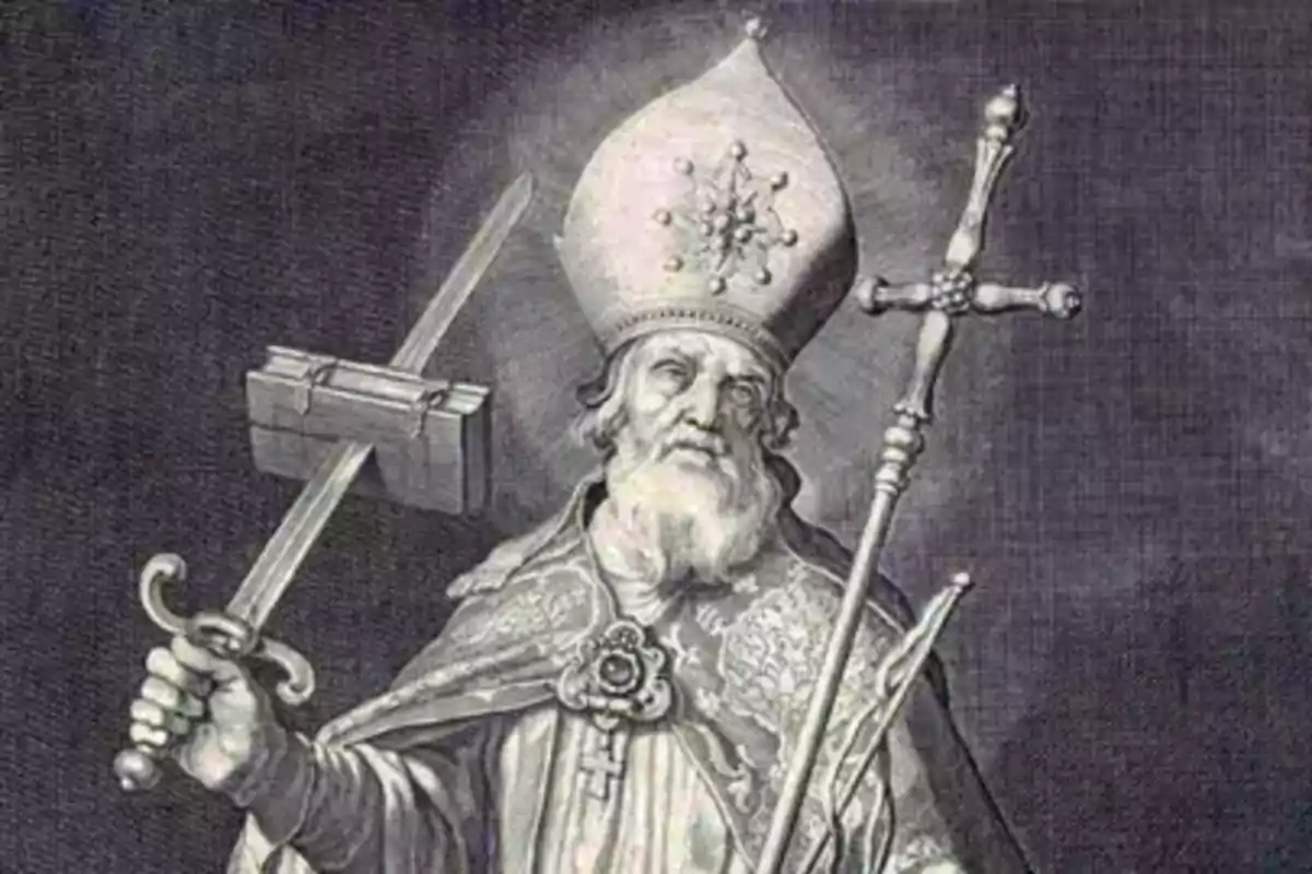 Ilustración antigua de un obispo con mitra sosteniendo una espada y un báculo cruzado