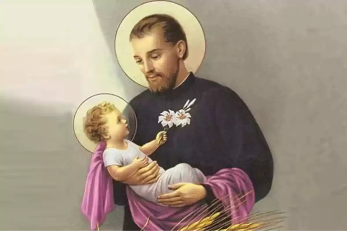 Una imagen religiosa que muestra a un hombre con aureola sosteniendo a un niño pequeño también con aureola, mientras el niño le ofrece flores blancas.