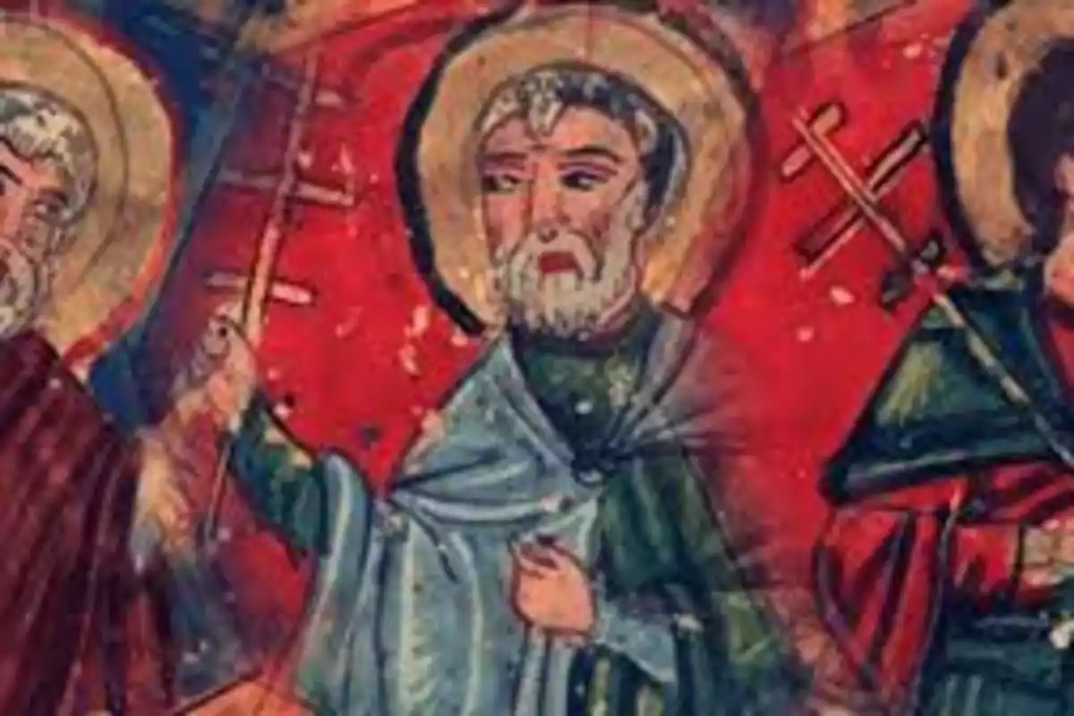 Pintura religiosa antigua con figuras de santos y fondo rojo. Pintura religiosa antigua con figuras de santos y fondo rojo.