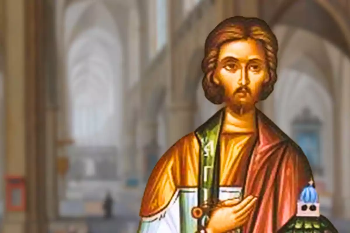 Una imagen de un icono religioso con un fondo de catedral desenfocado.