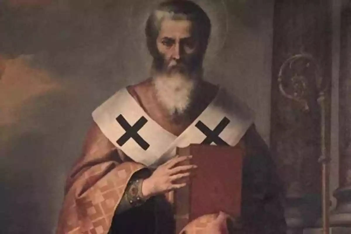 Retrato de un hombre con barba blanca y vestimenta religiosa sosteniendo un libro. Retrato de un hombre con barba blanca y vestimenta religiosa sosteniendo un libro.