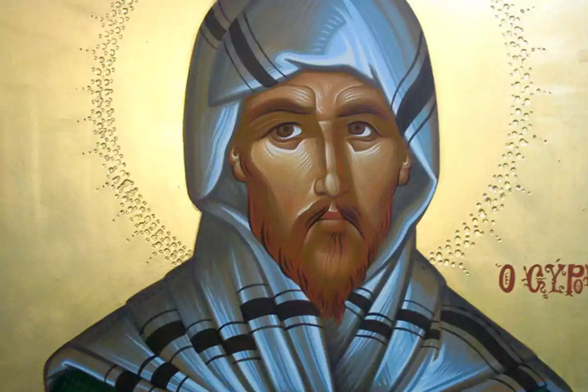 Pintura religiosa de un hombre con barba y manto gris sobre fondo dorado
