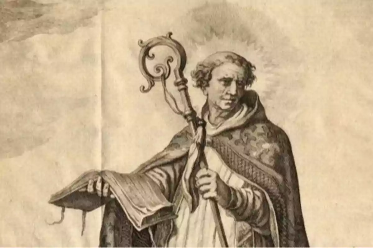 Ilustración antigua de un hombre con halo sosteniendo un báculo y un libro abierto Ilustración antigua de un hombre con halo sosteniendo un báculo y un libro abierto