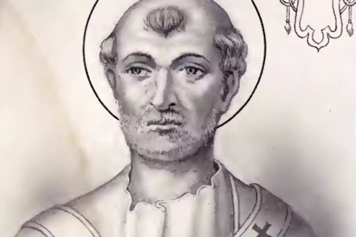 Ilustración en blanco y negro de un hombre con aureola y vestimenta religiosa.