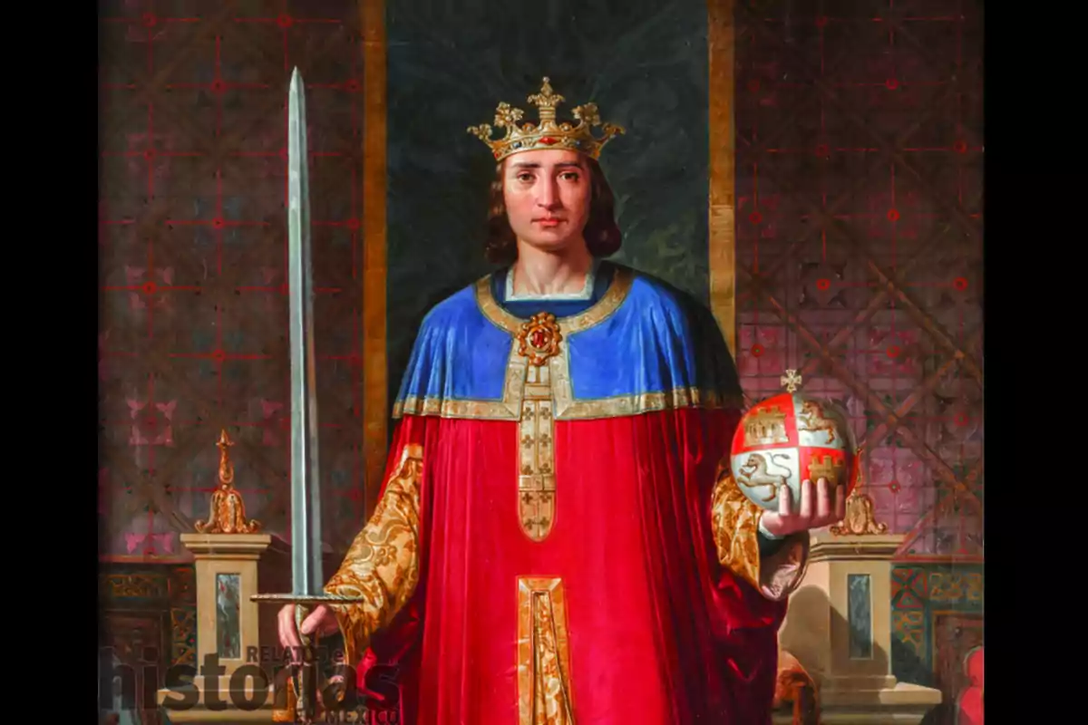 Un retrato de un monarca medieval con corona, capa azul y roja, sosteniendo una espada en una mano y un orbe en la otra, con un fondo decorativo.