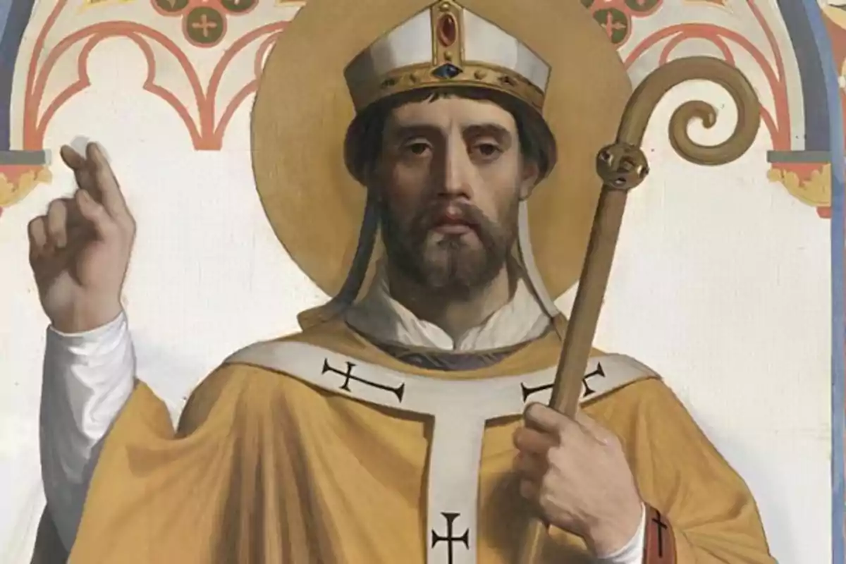 Pintura de un hombre con vestimenta religiosa y mitra sosteniendo un báculo en un entorno decorativo.