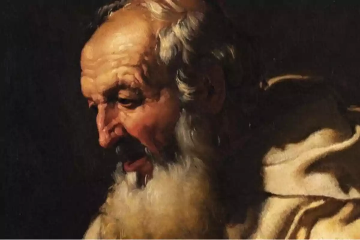 Retrato de un hombre mayor con barba blanca y cabello canoso, vestido con una túnica clara y fondo oscuro Retrato de un hombre mayor con barba blanca y cabello canoso, vestido con una túnica clara y fondo oscuro