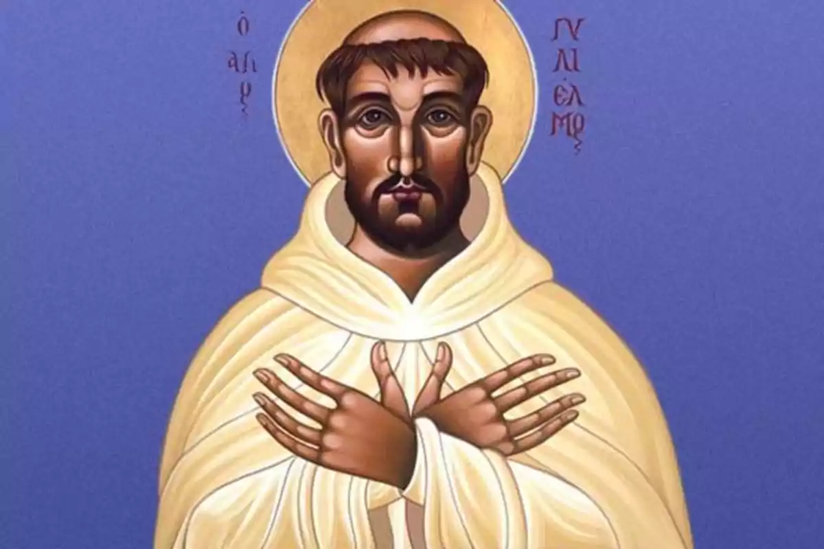 Ilustración de un santo con túnica blanca y aureola dorada sobre fondo azul Ilustración de un santo con túnica blanca y aureola dorada sobre fondo azul