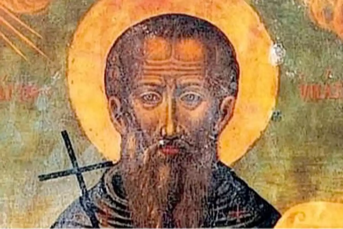 Pintura religiosa antigua de un hombre con barba y halo dorado Pintura religiosa antigua de un hombre con barba y halo dorado