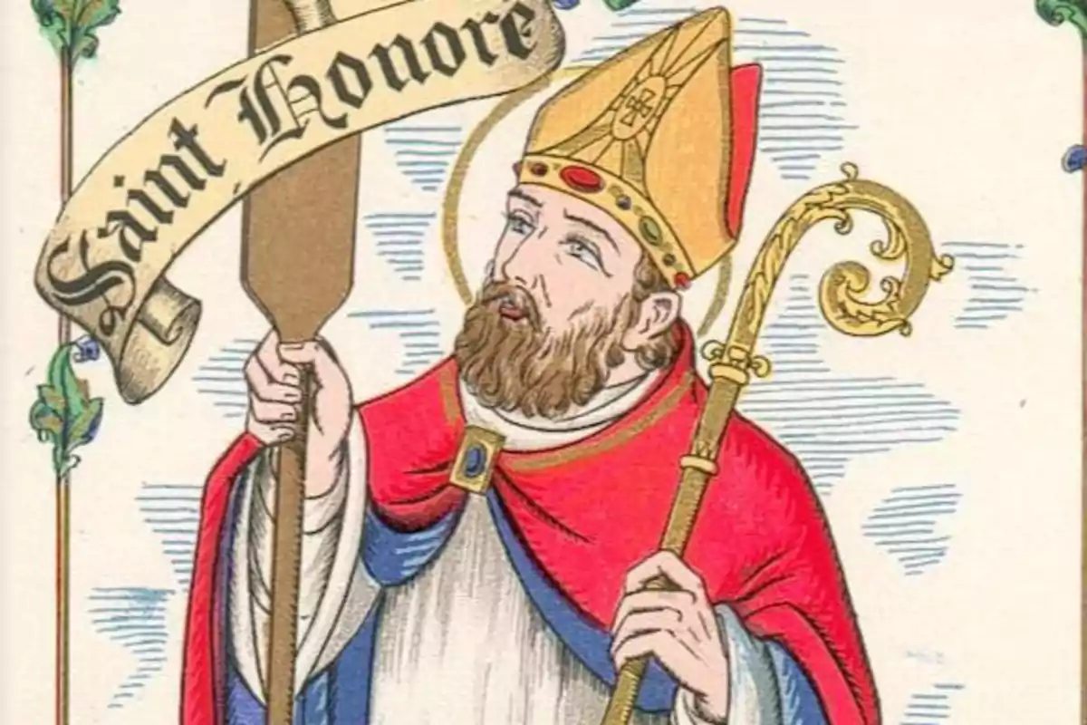 Ilustración de un santo con mitra y báculo sosteniendo un pergamino que dice "Saint Honore".