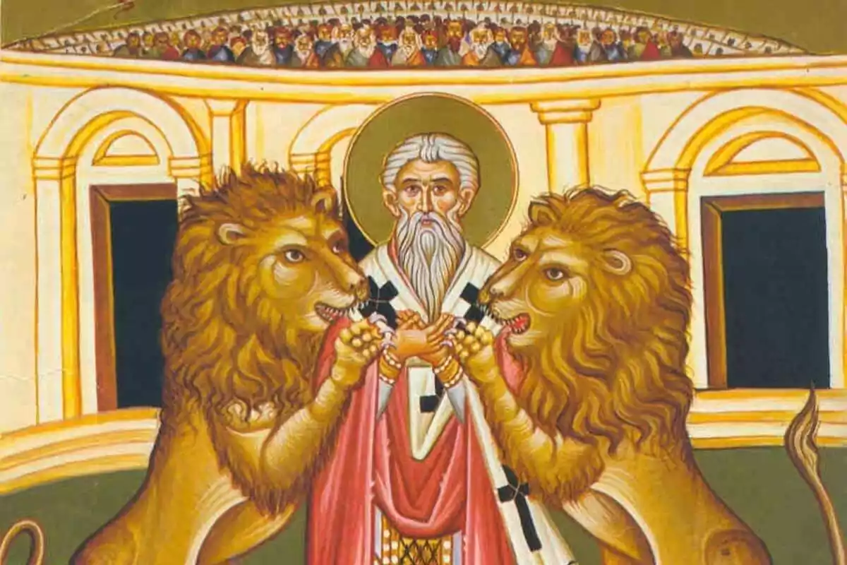 Retrato de San Ignacio de Antioquía junto a dos leones