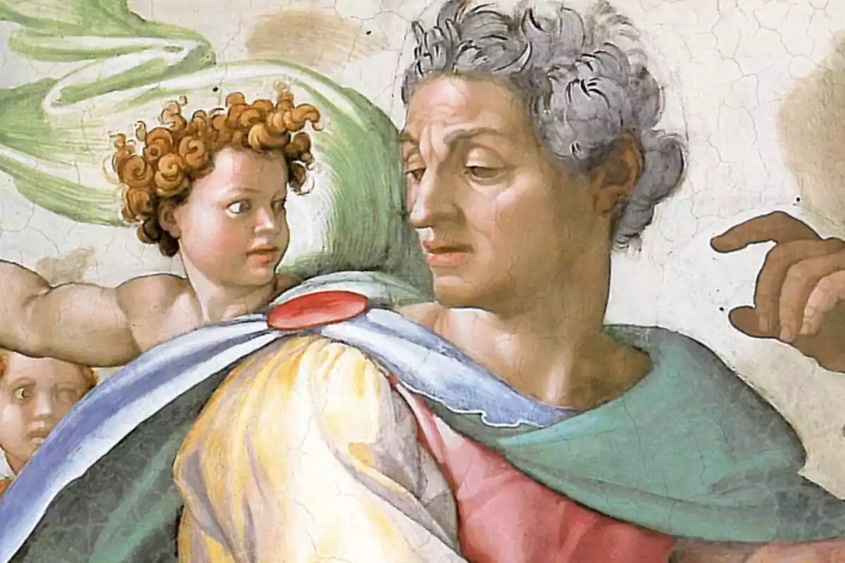 Primer plano a color de San Isaías junto a un ángel