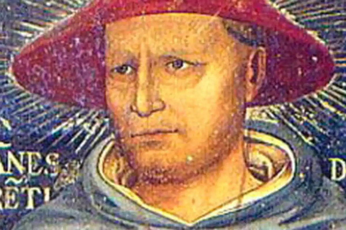 Retrato antiguo de un hombre con sombrero rojo y túnica azul con fondo decorativo Retrato antiguo de un hombre con sombrero rojo y túnica azul con fondo decorativo