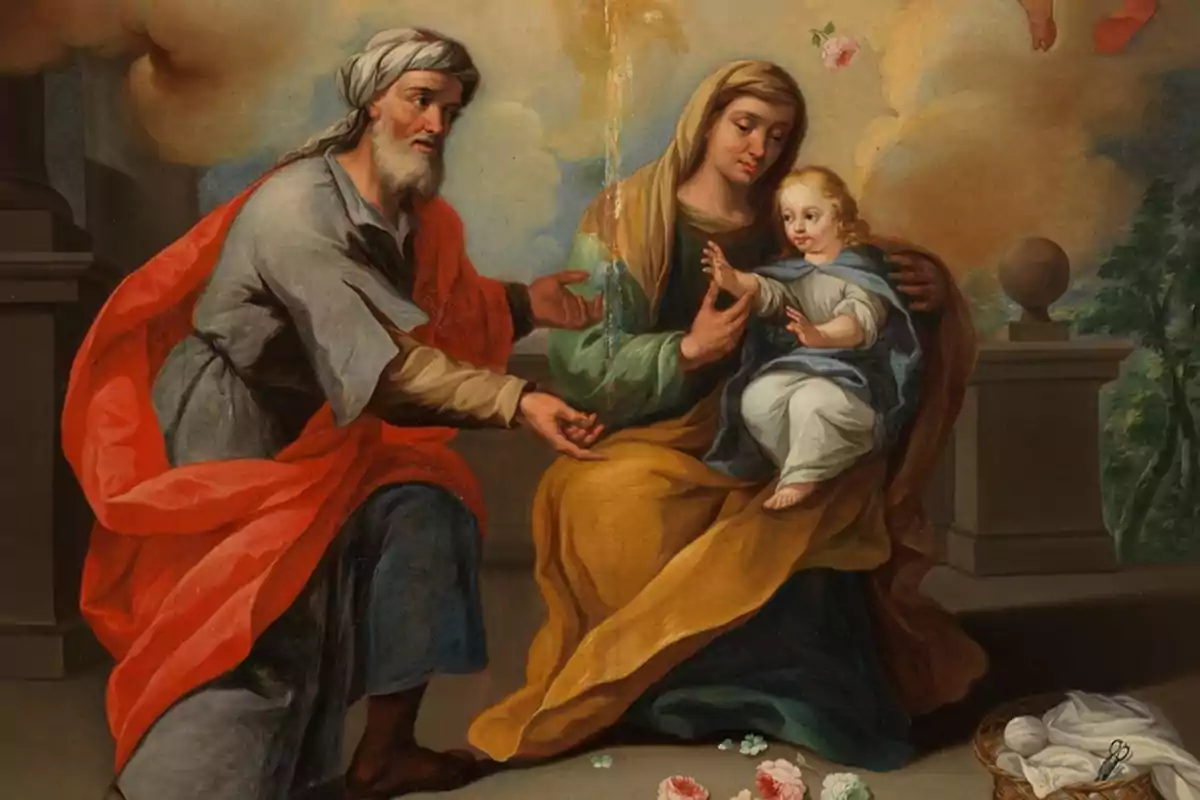 Una pintura religiosa que muestra a tres figuras principales, un hombre mayor con barba y túnica roja, una mujer con velo y túnica amarilla, y un niño pequeño en brazos de la mujer, con un fondo de nubes y flores en el suelo.