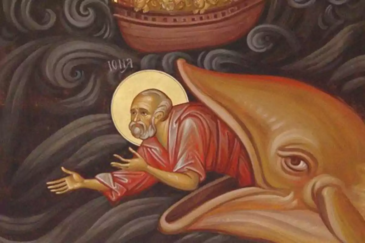 Una pintura religiosa que muestra a un hombre con un halo saliendo de la boca de un gran pez, con un barco en el fondo y olas oscuras alrededor. Una pintura religiosa que muestra a un hombre con un halo saliendo de la boca de un gran pez, con un barco en el fondo y olas oscuras alrededor.