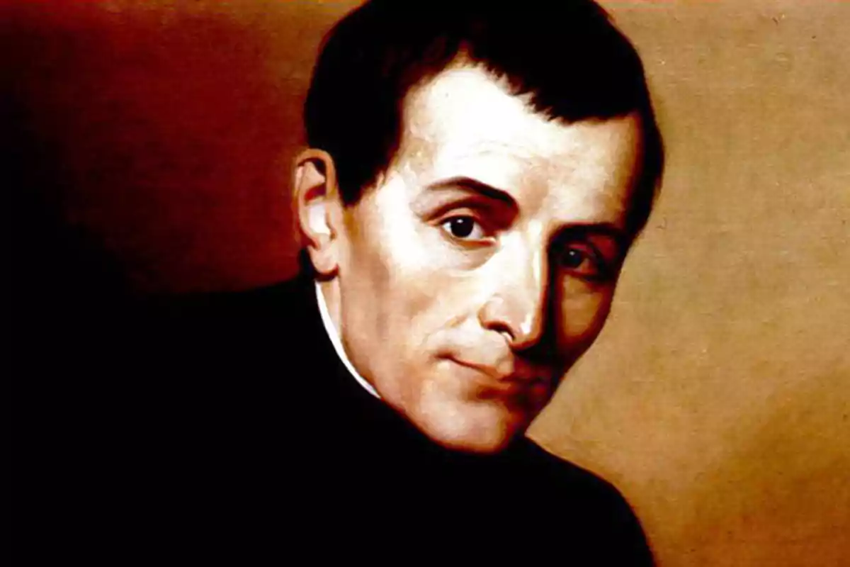 Retrato pintado de un hombre de cabello oscuro y expresión seria con fondo marrón