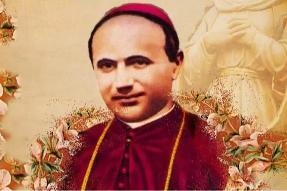 Un hombre con vestimenta religiosa y un fondo decorado con flores y una figura de una estatua. Un hombre con vestimenta religiosa y un fondo decorado con flores y una figura de una estatua.