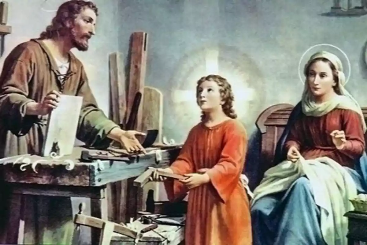 Imagen a color de San José junto a Jesús y la Virgen María